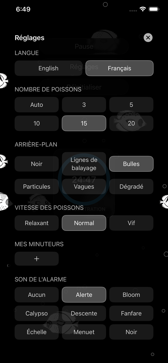 &Eacute;cran des param&egrave;tres d'Aquarium Zen: Retro